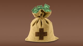 Bag of money with health care cross on it 